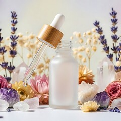 Natural Skincare Serum with Flowers and Crystals for Wellness.