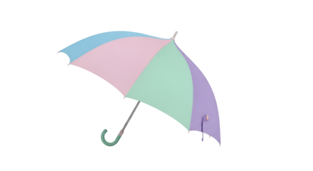 A colorful umbrella with panels of light blue, pink, green, and purple shades