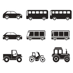 Collection of nine black vehicle icons on white background