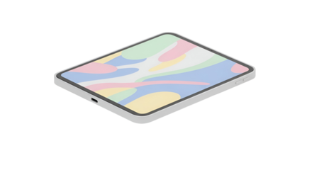 White tablet device with colorful abstract wallpaper in isometric view on a black background