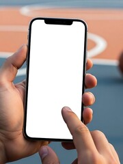Person Using Smartphone on Basketball Court for Sports App.