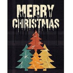 Retro Merry Christmas Card with Colorful Trees and Dripping Text.