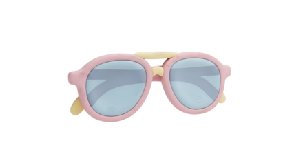 A stylish pair of 3d rendered pink sunglasses with light blue lenses and yellow accents