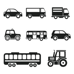 Nine black vehicle icons including cars, buses, trucks, and tractors