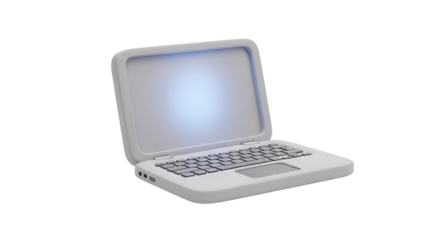 A stylized 3d render of a modern laptop with a glowing screen on a black background