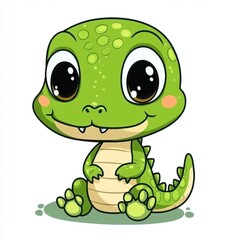 Fototapeta premium Cute Green Baby Dragon Cartoon with Big Eyes