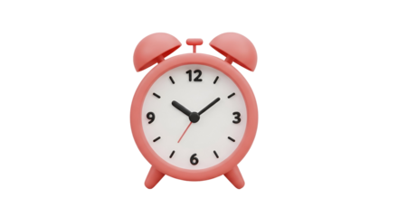 A delightful 3d rendering of a pink alarm clock with a white face on a black background