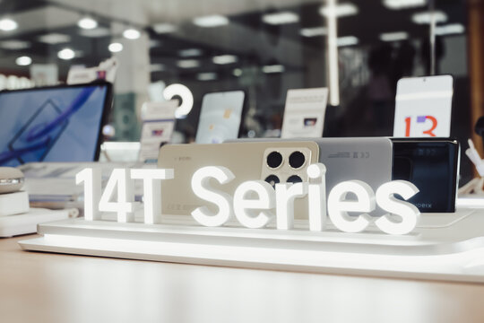 Krasnoyarsk, Russia 12 02 2025: The line of modern Xiaomi 14T smartphones is on display in the official xiaomi store. High quality photo