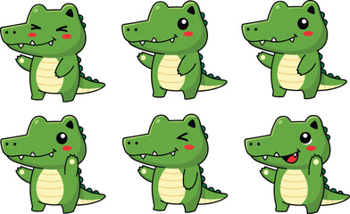 Cute cartoon crocodile character illustration set with different facial expressions and poses, playful animal vector collection for kids, stickers and mascot design