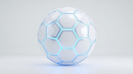 Futuristic Soccer Ball With Glowing Blue Hexagon Pattern On White Background.