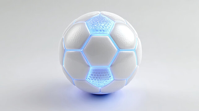 Futuristic Soccer Ball With Glowing Blue Light On White Background.