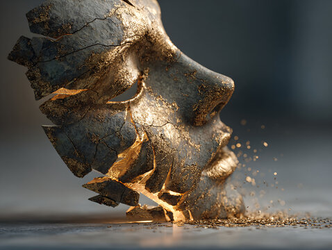a large, cracked mask with a golden surface, partially covered in blue. The mask appears to be breaking apart, with pieces of gold falling off into the surrounding area. The background is dark