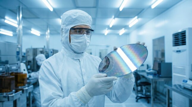 Semiconductor Engineer Holding Iridescent Silicon Wafer in Sterile Cleanroom Laboratory