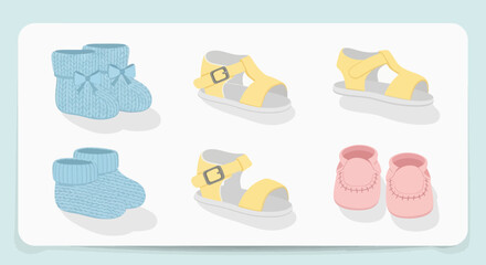 Childs footwear blue knit booties yellow sandals and pink moccasins are arranged on a white background with a light blue border