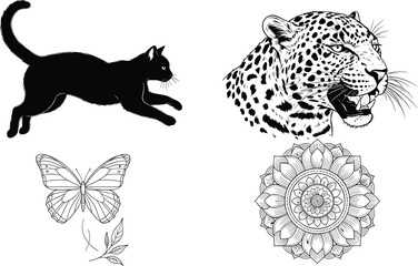 Black and white animal and decorative illustration set with cat silhouette, leopard head, butterfly and mandala, detailed vector collection for tattoo and artistic design