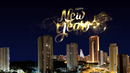 golden happy new year 2026 fireworks animation over urban skyline, real estate development, 4K resolution