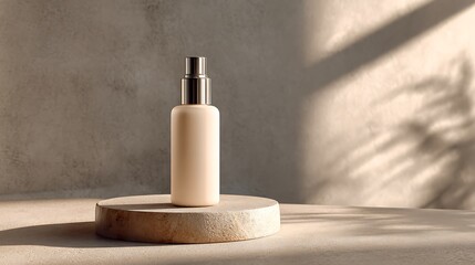 Obraz premium Single Skincare Lotion Bottle on Soft Concrete Tabletop with Subtle Shadow and Light Grey Background for E-Commerce Product Listings