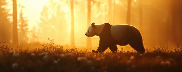 silhouette of a panda walking through a forest at sunset, surrounded by soft golden light and shadows from the trees.
