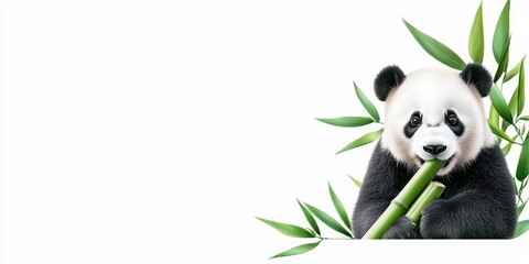cute panda munching on bamboo, surrounded by green leaves, symbolizing wildlife and nature conservation.