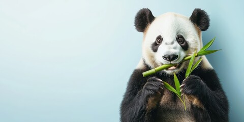 cute panda munching on bamboo, showcasing its black and white fur against a light blue background.