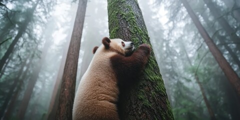 panda clings to a moss-covered tree in a misty forest, showcasing the lush greenery and tranquility of its natural habitat.