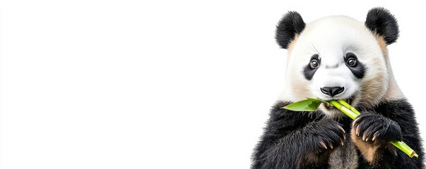 cute panda munching on bamboo, showcasing its distinctive black-and-white fur against a minimalistic white background.
