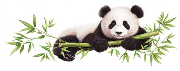  cute panda rests on bamboo, showcasing its signature black and white fur in a playful pose amidst lush greenery.