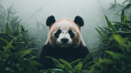 serene panda gazes from a lush bamboo forest, surrounded by mist, embodying tranquility and the beauty of nature.