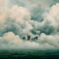 A surreal landscape featuring towering structures emerging from dense clouds, set against a lush green field.