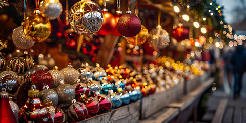 Festive market scene with gold and red baubles