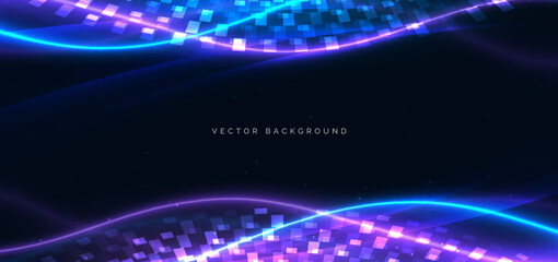 Blue and purple neon wave lines glowing with square pattern decor on dark background.