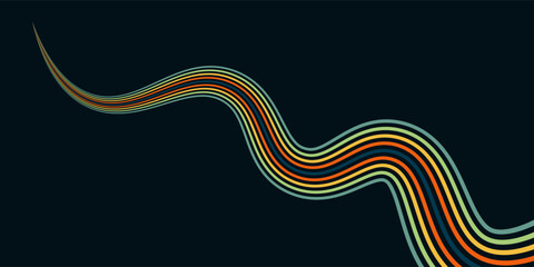 Abstract colorful 70s background vector. Vintage retro wallpaper with rainbow stripes and wavy lines. A 1970 color illustration suitable for posters, banners, decorative items and wall art.