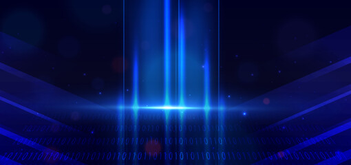 Abstract digital data binary code diagonal on blue background with light effect. © chaninan
