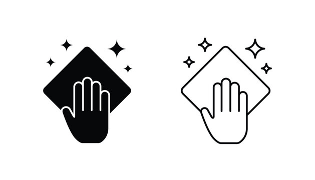 Clean icon concept. Hand wiping surface with a cloth and a sparkle effect icon.