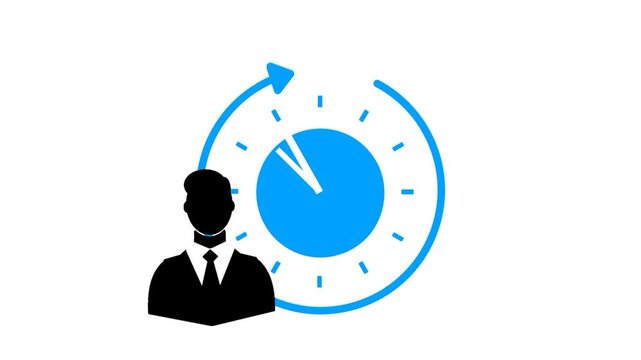 Working time icon featuring businessman silhouette and clock symbol. Simple professional concept representing schedule, productivity, deadline, and time management.