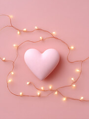 Pink Heart Valentine Background with Glowing Fairy Lights
