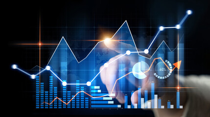 A detailed visual representation of financial analysis featuring dynamic graphs and charts, showcasing growth trends and metrics in a modern interface setting. Scalp
