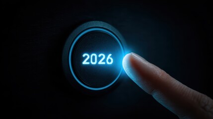 Finger pressing a glowing blue button with the year 2026 displayed