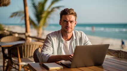 Male freelancer light-brown hair light stubble at beachside cafe with laptop
