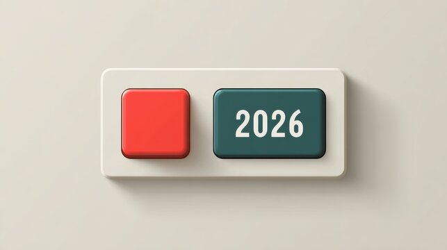 Two buttons, one red and one green with the year 2026, representing a choice or decision