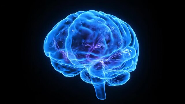 Glowing blue brain illustration against a dark background showcasing intricate details and neural connections