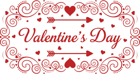 Elegant red and white Valentine's Day horizontal decorative banner with ornate flourishes, hearts, and central arrows, ideal for greeting cards, invitations, and advertisements.
