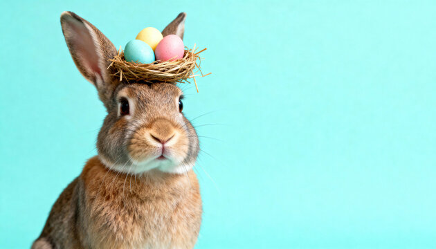 A cute Easter bunny with a nest of colorful eggs on its head. Funny rabbit animal portrait for the spring holiday. Happy Easter concept with copy space - Powered by Adobe