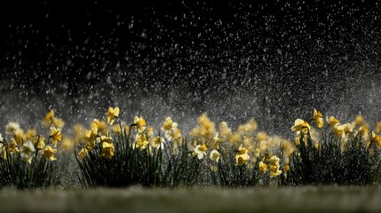 Bright yellow flowers receive a dramatic shower of water against a dark background
