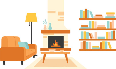 Cozy room interior with armchair fireplace floor lamp and bookshelf © aprian