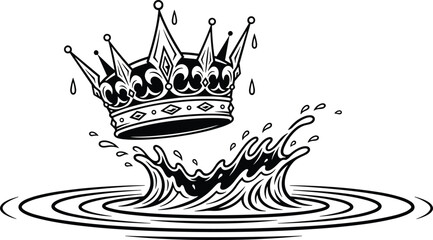 Black and white monarch crown falling into water, creating a dramatic splash and ripples, symbolizing the loss of power or dethronement, in an engraved vector illustration.