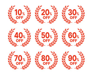セール割引率（10〜90%OFF）赤の月桂樹アイコンラベルセット