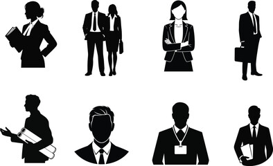 Title: Seven business professionals in suits with various poses and accessories