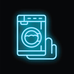 Neon glowing icon of a hand using a smartphone to control a washing machine, representing smart home technology