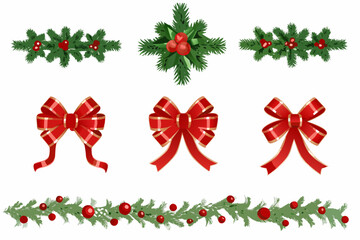 Festive christmas decorations including holly bows and a garland on white background